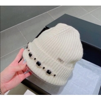 Good Quality Miu Miu Knit Hat with Pearl and Stone Charm M22620 White 2022