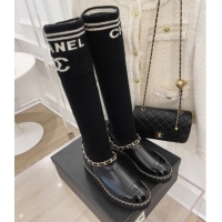 Duplicate Chanel Knit and Leather High Boots with Chain Black 101245