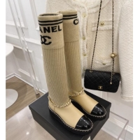 Hot Style Chanel Knit and Leather High Boots with Chain Beige 101247