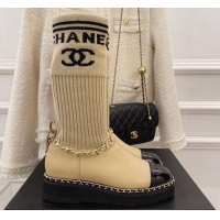 Low Cost Chanel Knit and Leather Half Boots with Chain Beige 101248