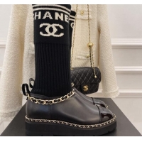 Stylish Chanel Knit and Leather Half Boots with Chain Black 101249