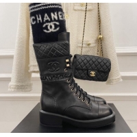 Luxury Chanel Calfskin and Knit Lace-up Ankle Boots G39506 Black