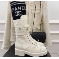 Durable Chanel Horse Fur and Knit Lace-up Ankle Boots G39506 White