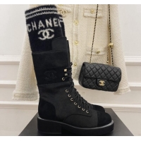 Popular Style Chanel Horse Fur and Knit Lace-up Ankle Boots G39506 Black