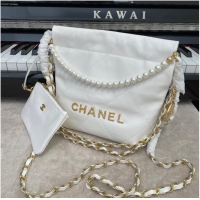 Good Product CHANEL MINI 22 HANDBAG Metallic Calfskin & gold Metal AS3989 WHITE