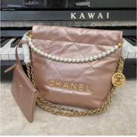 Luxury Discount CHANEL MINI 22 HANDBAG Metallic Calfskin & gold Metal AS3989 pink