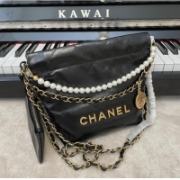 Famous Brand CHANEL MINI 22 HANDBAG Metallic Calfskin & gold Metal AS3989 black