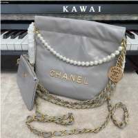 Promotional CHANEL MINI 22 HANDBAG Metallic Calfskin & gold Metal AS3989 gray