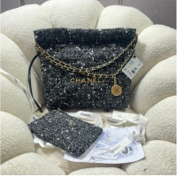 Good Product CHANEL SMALL 22 HANDBAG Tweed & Gold-Tone Metal AS3260 BLACK