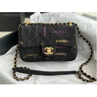 Famous Brand CHANEL Printed Denim & Gold-Tone Metal AS3135 black