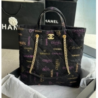 Pretty Style CHANEL Printed Denim & Gold-Tone Metal AS3136 black