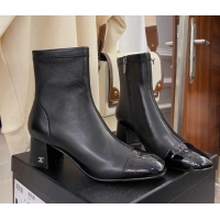 Good Quality Chanel Lambskin & Patent Leather CC Heeled Ankle Boots 5cm Black 101274