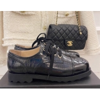 Charming Chanel Stone Embossed Leather Lace-ups Black 101283