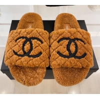 Unique Style Chanel Quilted Shearling Flat Slide Sandals Brown 101288