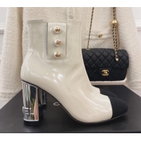 Top Grade Chanel Patent Leather Ankle Boots with CC Pearls 8.5cm White 101291