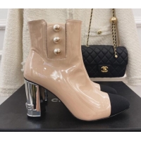 Best Luxury Chanel Patent Leather Ankle Boots with CC Pearls 8.5cm Beige 101292