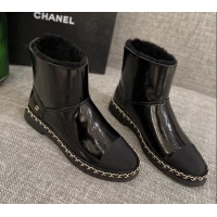 Luxury Chanel Classic Patent Leather Ankle Boots with Chain Black 1012108