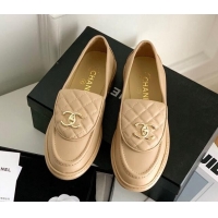 Stylish Chanel Lambskin Loafers with CC Foldover Beige 012132