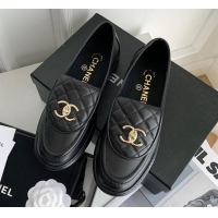 Sophisticated Chanel Lambskin Loafers with CC Foldover Black 012133