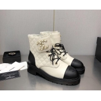 Best Price Chanel Lambskin Leather Lace-ups Ankle Boots G36424 White