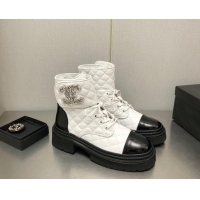 Sumptuous Chanel Lambskin Lace-ups Ankle Boots with Crystal CC G36424 White