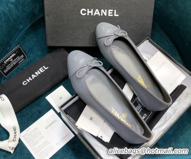 Stylish Chanel Grained Leather Classic Ballerinas Gray 101342