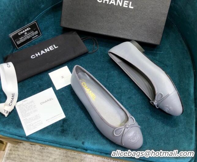 Stylish Chanel Grained Leather Classic Ballerinas Gray 101342