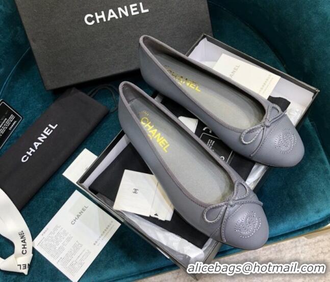 Stylish Chanel Grained Leather Classic Ballerinas Gray 101342