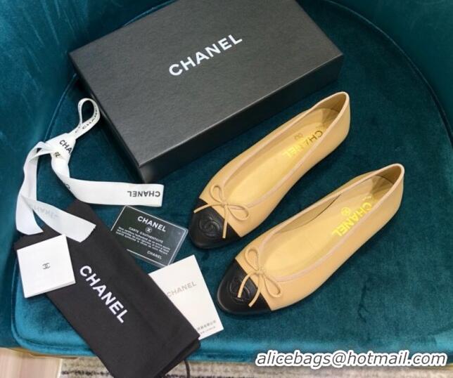 Luxury Discount Chanel Lambskin Classic Ballerinas Beige/Black 101347