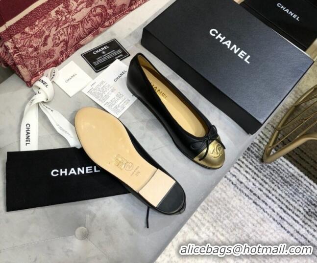 Good Quality Chanel Lambskin Classic Ballerinas Black/Gold 101353