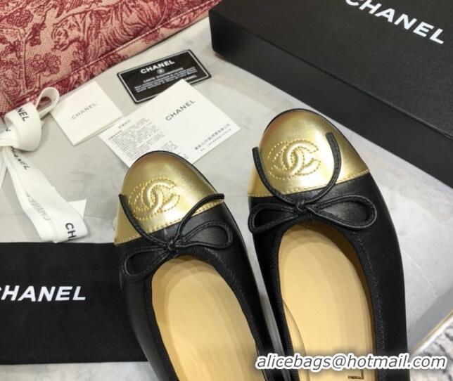 Good Quality Chanel Lambskin Classic Ballerinas Black/Gold 101353