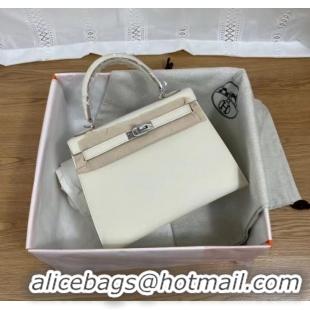 Unique Grade Hermes Kelly 25cm Shoulder Bags Epsom KL2755 white&silver-Tone Metal