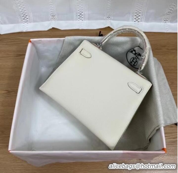 Unique Grade Hermes Kelly 25cm Shoulder Bags Epsom KL2755 white&silver-Tone Metal