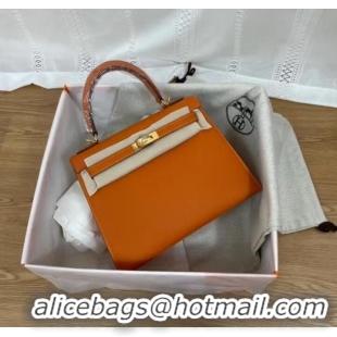 Top Quality Hermes Kelly 25cm Shoulder Bags Epsom KL2755 orange&gold-Tone Metal