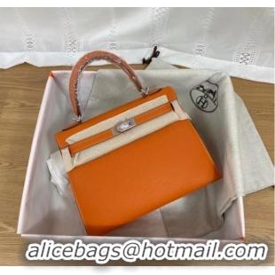 Inexpensive Hermes Kelly 25cm Shoulder Bags Epsom KL2755 orange&silver-Tone Metal