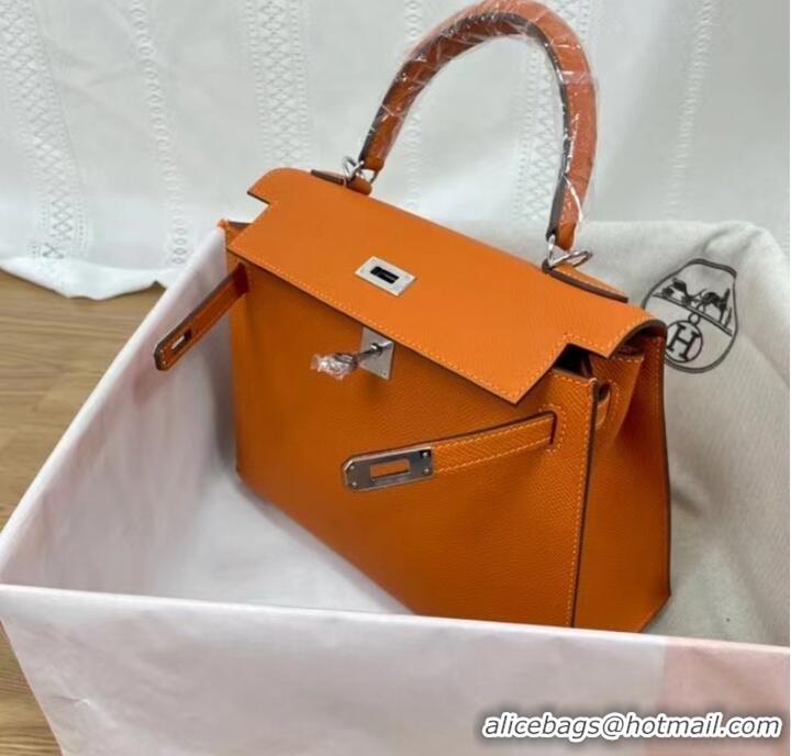 Inexpensive Hermes Kelly 25cm Shoulder Bags Epsom KL2755 orange&silver-Tone Metal