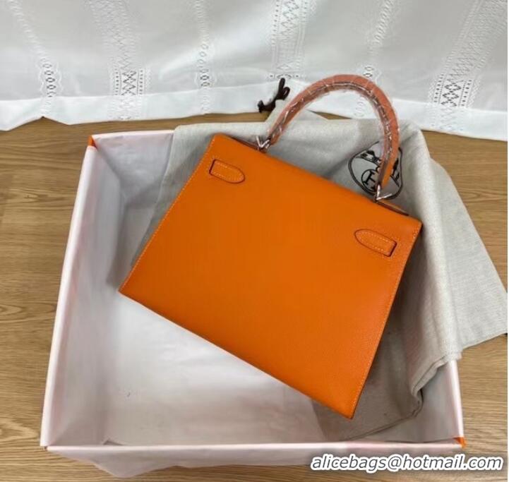 Inexpensive Hermes Kelly 25cm Shoulder Bags Epsom KL2755 orange&silver-Tone Metal