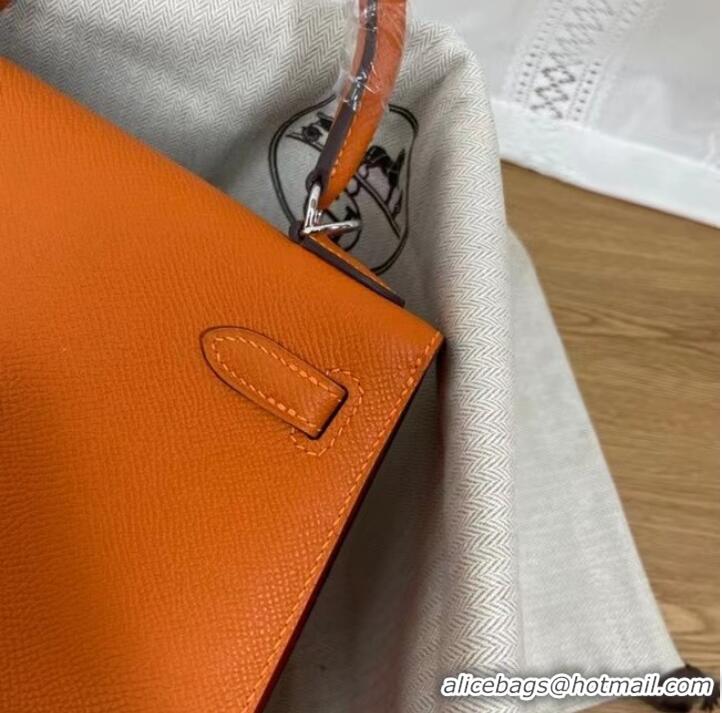 Inexpensive Hermes Kelly 25cm Shoulder Bags Epsom KL2755 orange&silver-Tone Metal