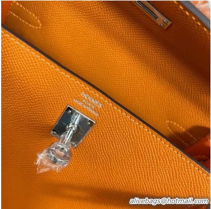 Inexpensive Hermes Kelly 25cm Shoulder Bags Epsom KL2755 orange&silver-Tone Metal