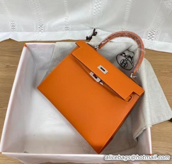 Inexpensive Hermes Kelly 25cm Shoulder Bags Epsom KL2755 orange&silver-Tone Metal