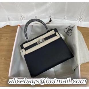 Top Grade Hermes Kelly 25cm Shoulder Bags Epsom KL2755 black&silver-Tone Metal