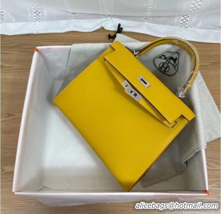 Best Price Hermes Kelly 25cm Shoulder Bags Epsom KL2755 yellow&silver-Tone Metal