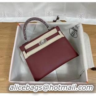 Top Quality Hermes Kelly 25cm Shoulder Bags Epsom KL2755 Burgundy&silver-Tone Metal