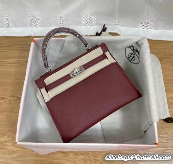 Top Quality Hermes Kelly 25cm Shoulder Bags Epsom KL2755 Burgundy&silver-Tone Metal