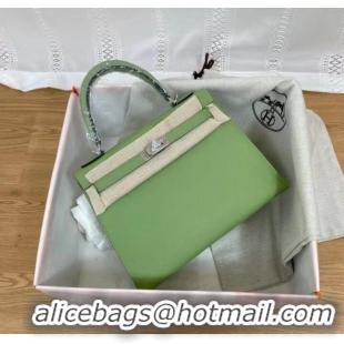 Good Quality Hermes Kelly 25cm Shoulder Bags Epsom KL2755 green&silver-Tone Metal