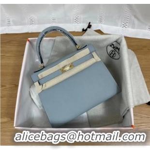 Pretty Style Hermes Kelly 25cm Shoulder Bags Epsom KL2755 light blue&gold-Tone Metal