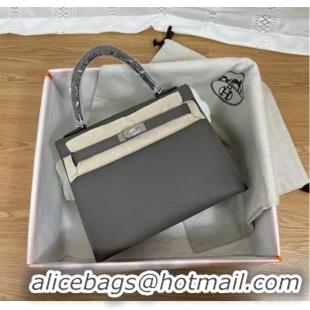 Best Product Hermes Kelly 25cm Shoulder Bags Epsom KL2755 dark grey&silver-Tone Metal