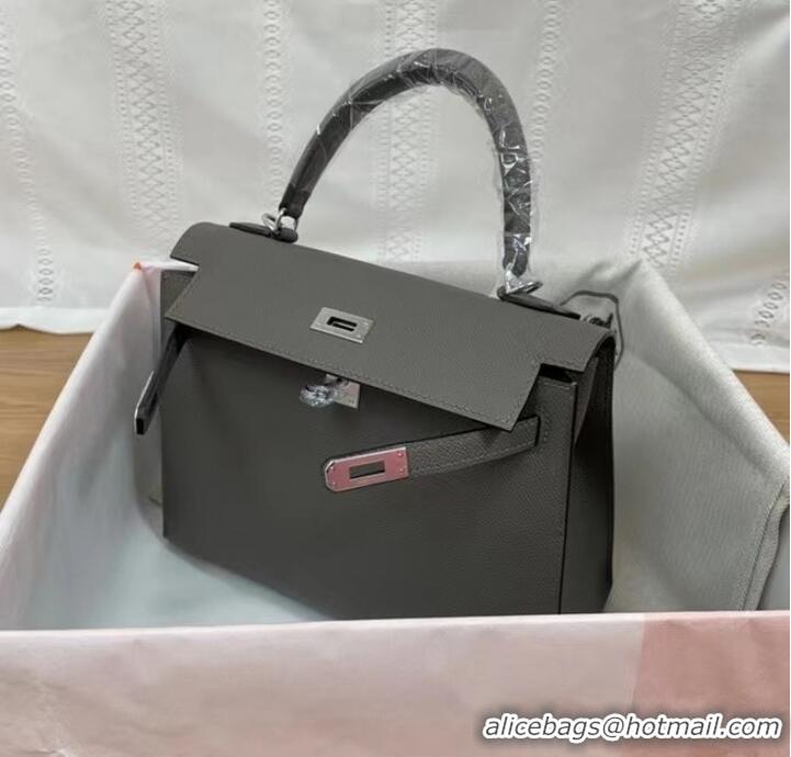 Best Product Hermes Kelly 25cm Shoulder Bags Epsom KL2755 dark grey&silver-Tone Metal