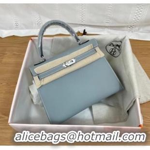 Luxurious Hermes Kelly 25cm Shoulder Bags Epsom KL2755 sky blue&silver-Tone Metal