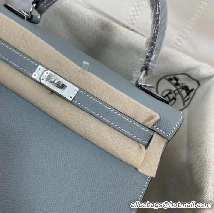 Luxurious Hermes Kelly 25cm Shoulder Bags Epsom KL2755 sky blue&silver-Tone Metal